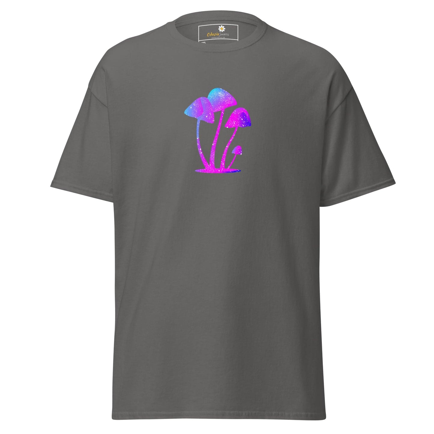 Gray t-shirt with colorful mushroom design.