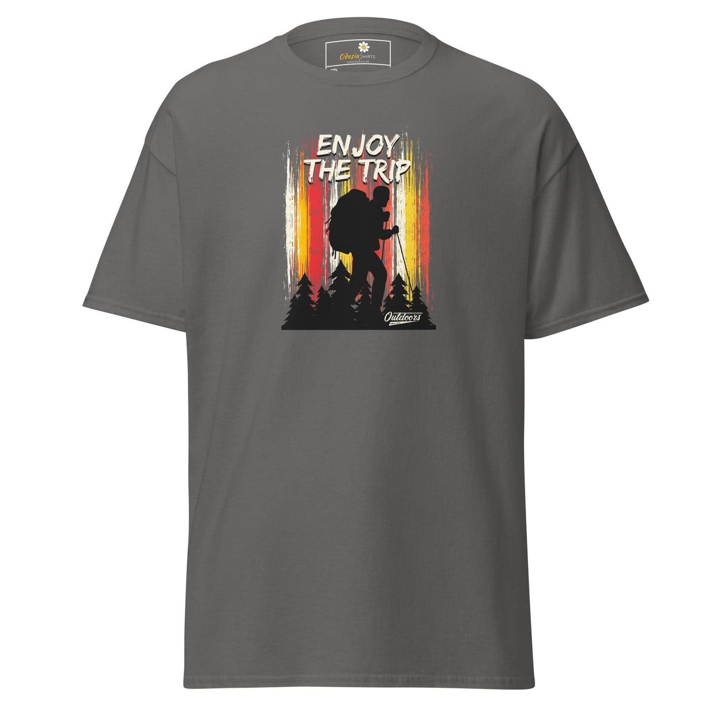 Gray t-shirt with hiking graphic.
