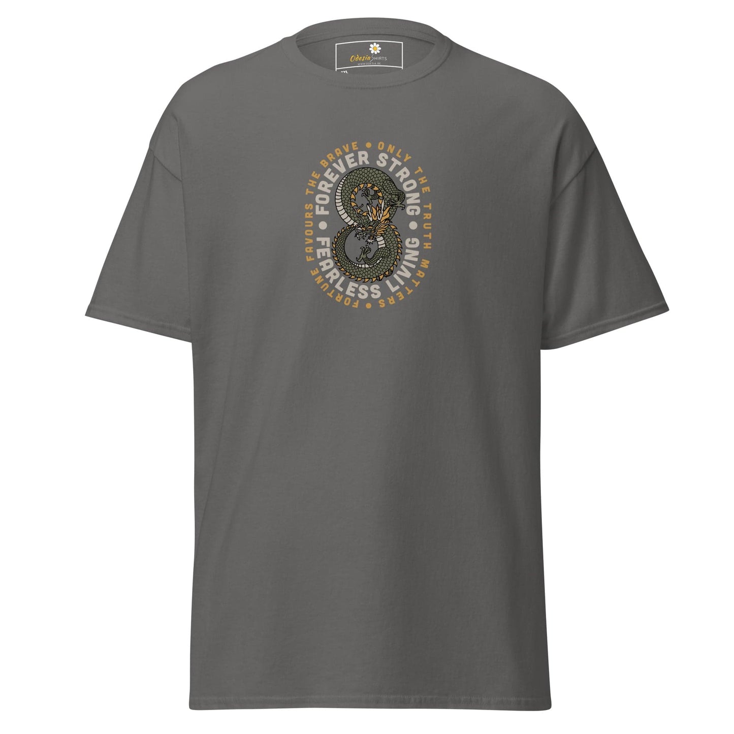 Gray t-shirt with dragon graphic.