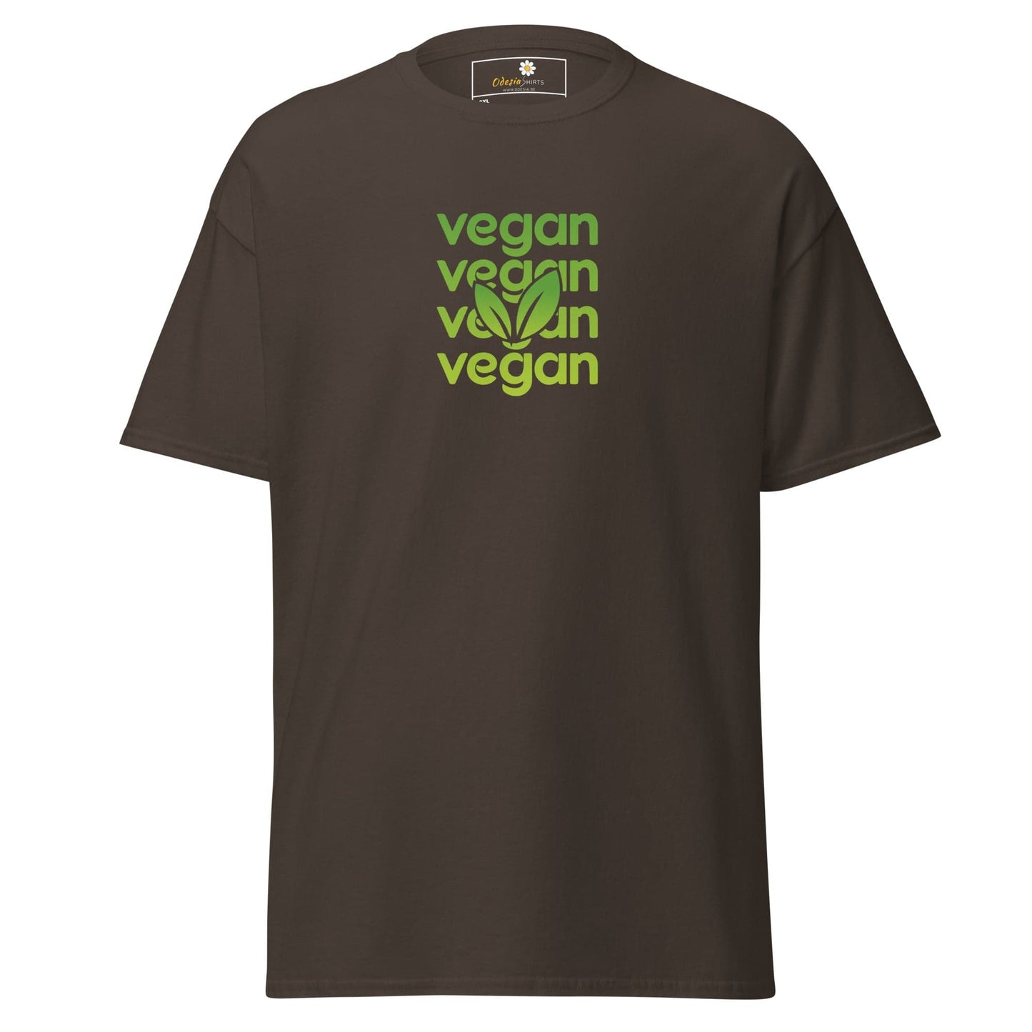 Brown vegan T-shirt for men and women in sizes 2XL to 5XL with vegan text displayed