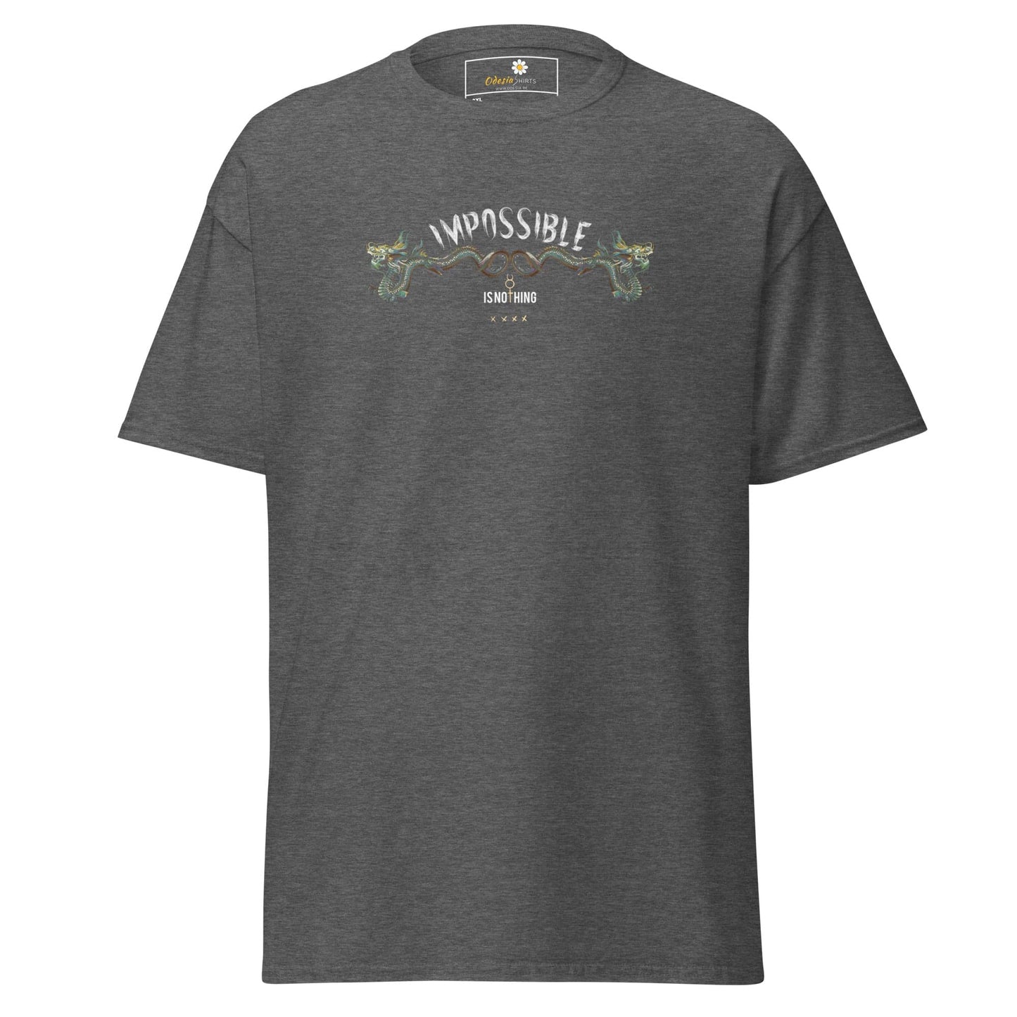 Gray t-shirt with graphic.