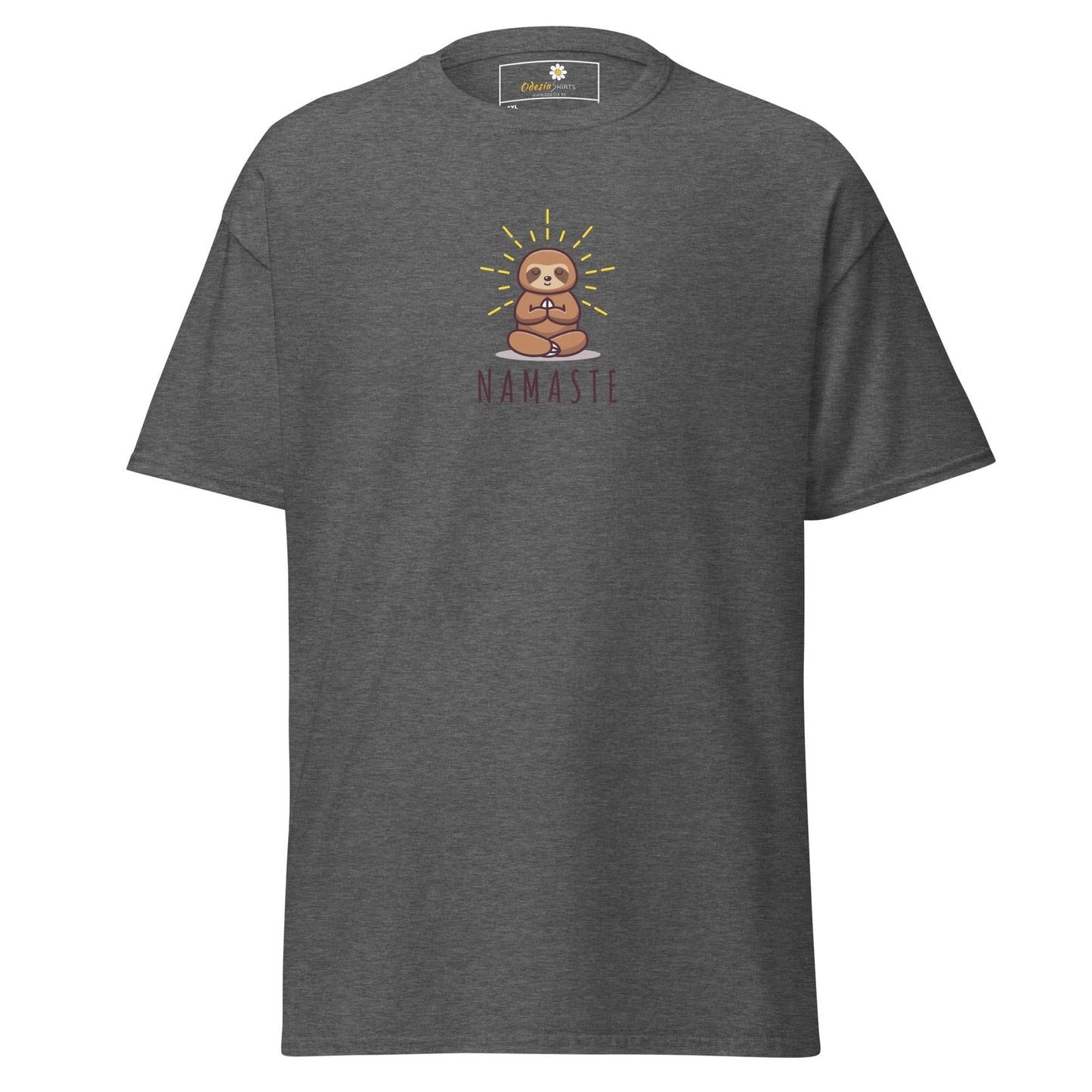 Gray t-shirt with sloth design.