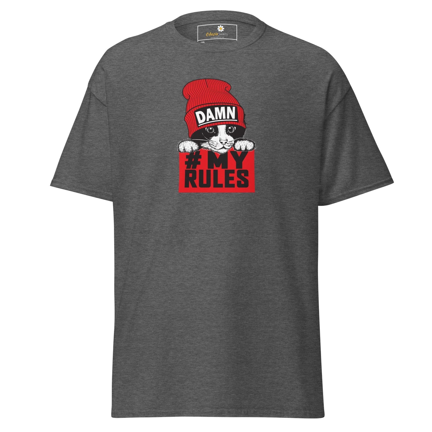 Gray t-shirt with cat graphic.