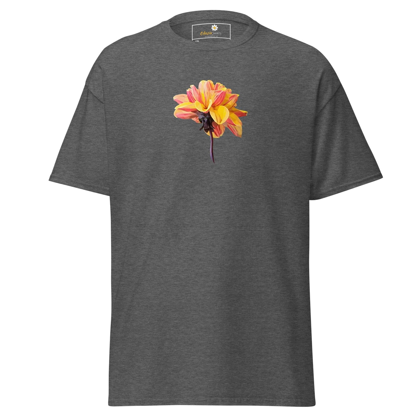 Gray t-shirt with flower design.