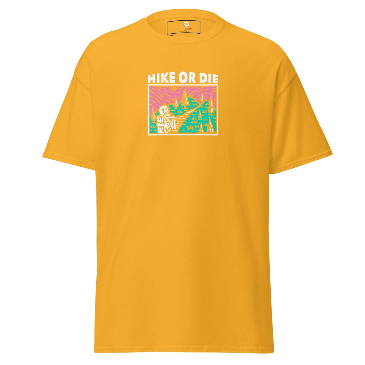 Yellow t-shirt with ’Hike or Die’ graphic.