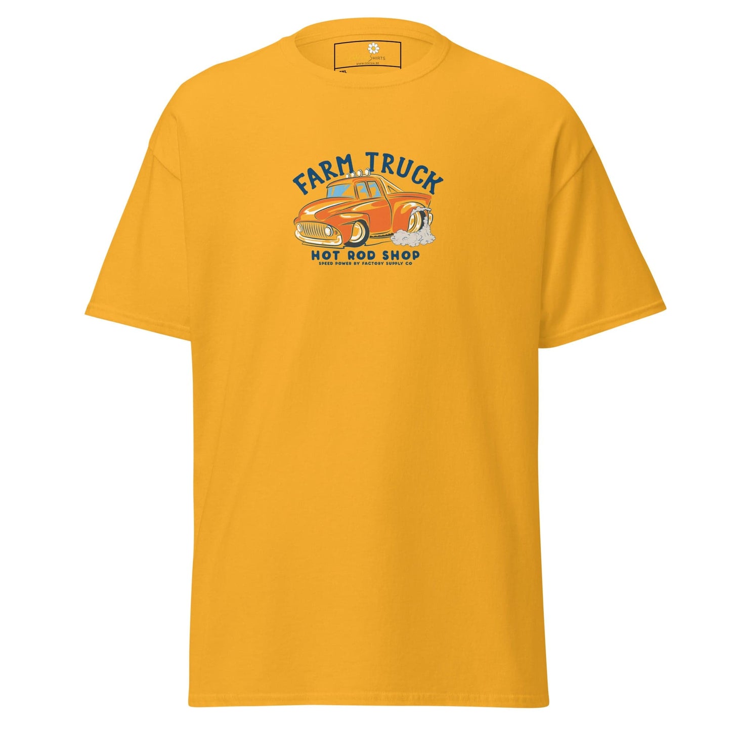 Yellow t-shirt with truck graphic.