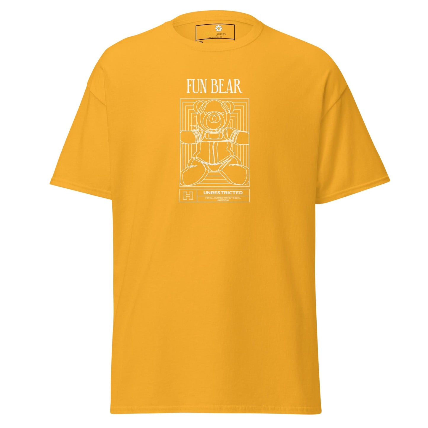 Yellow t-shirt with a white bear design.