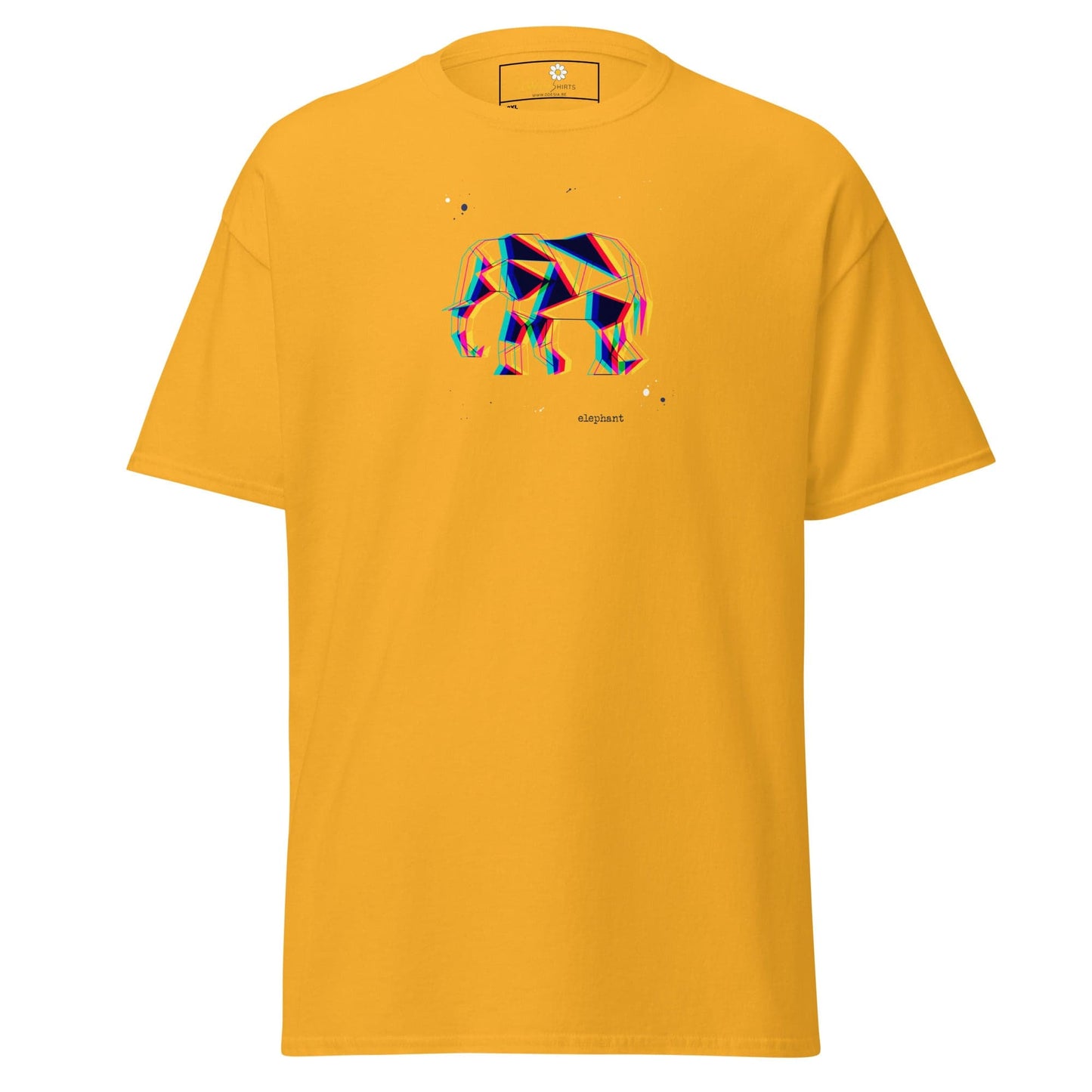 Yellow t-shirt with geometric elephant design.