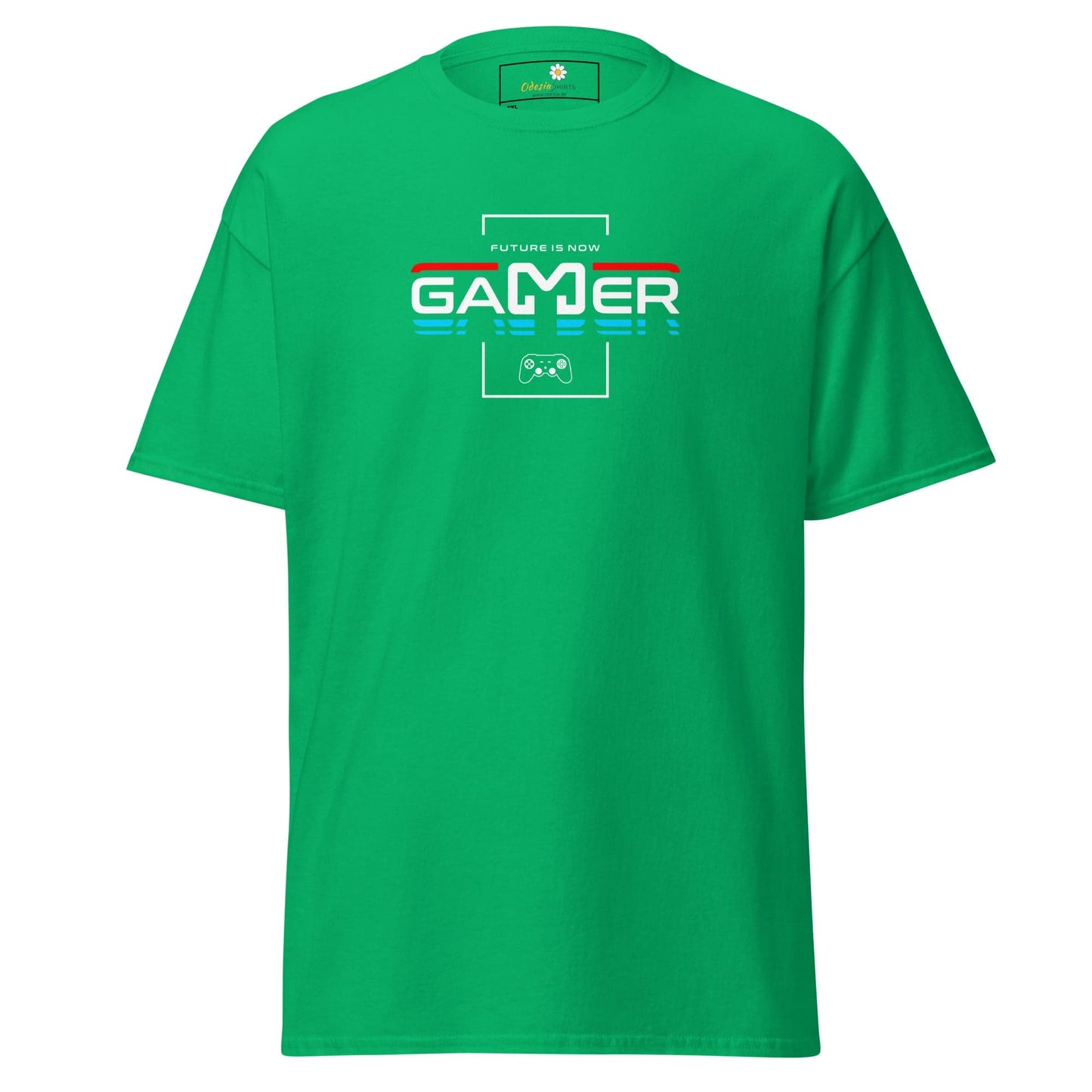 Green t-shirt with ’Gamer’ graphic.