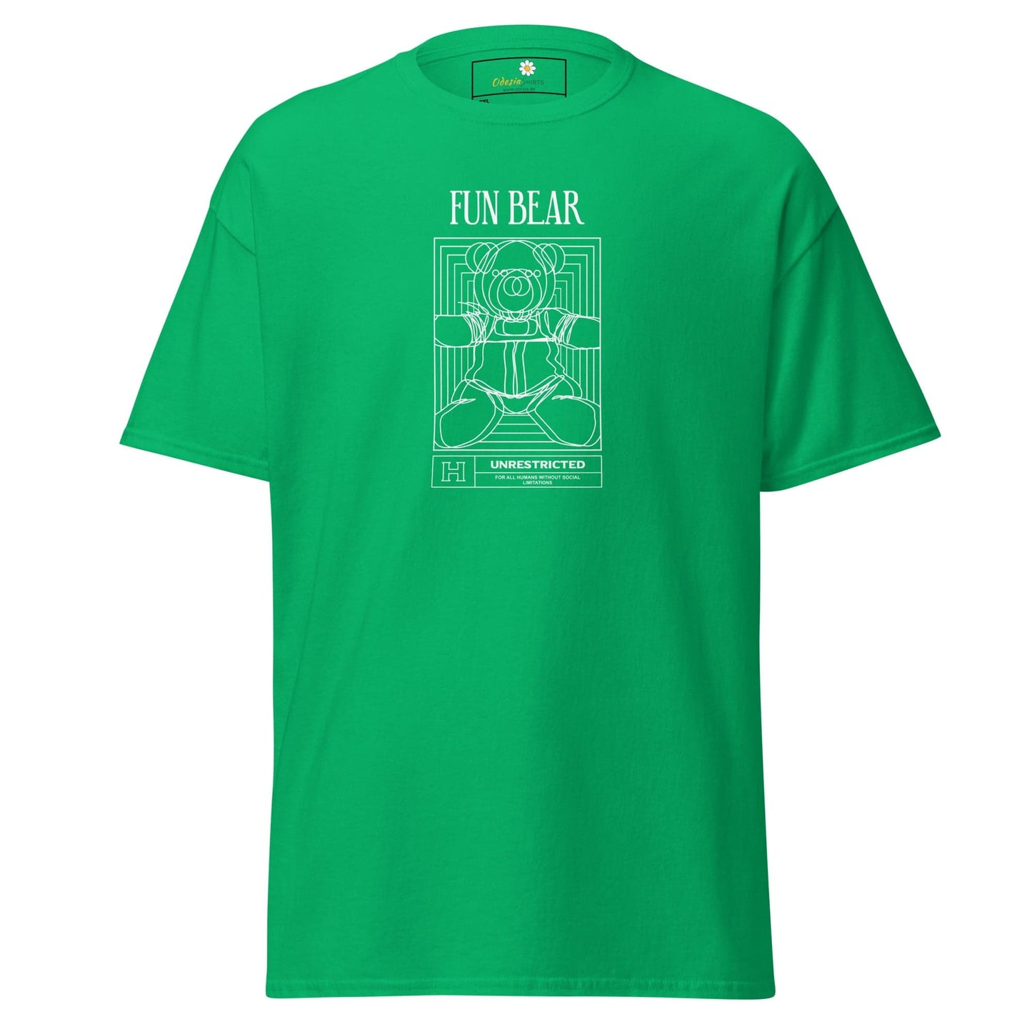 Green t-shirt with bear graphic.