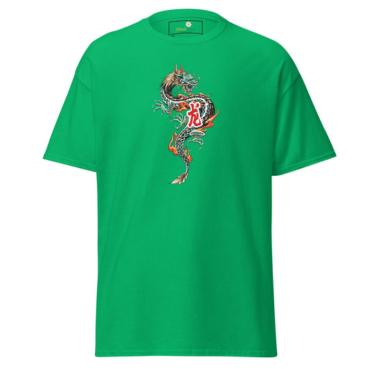Green t-shirt with dragon design.