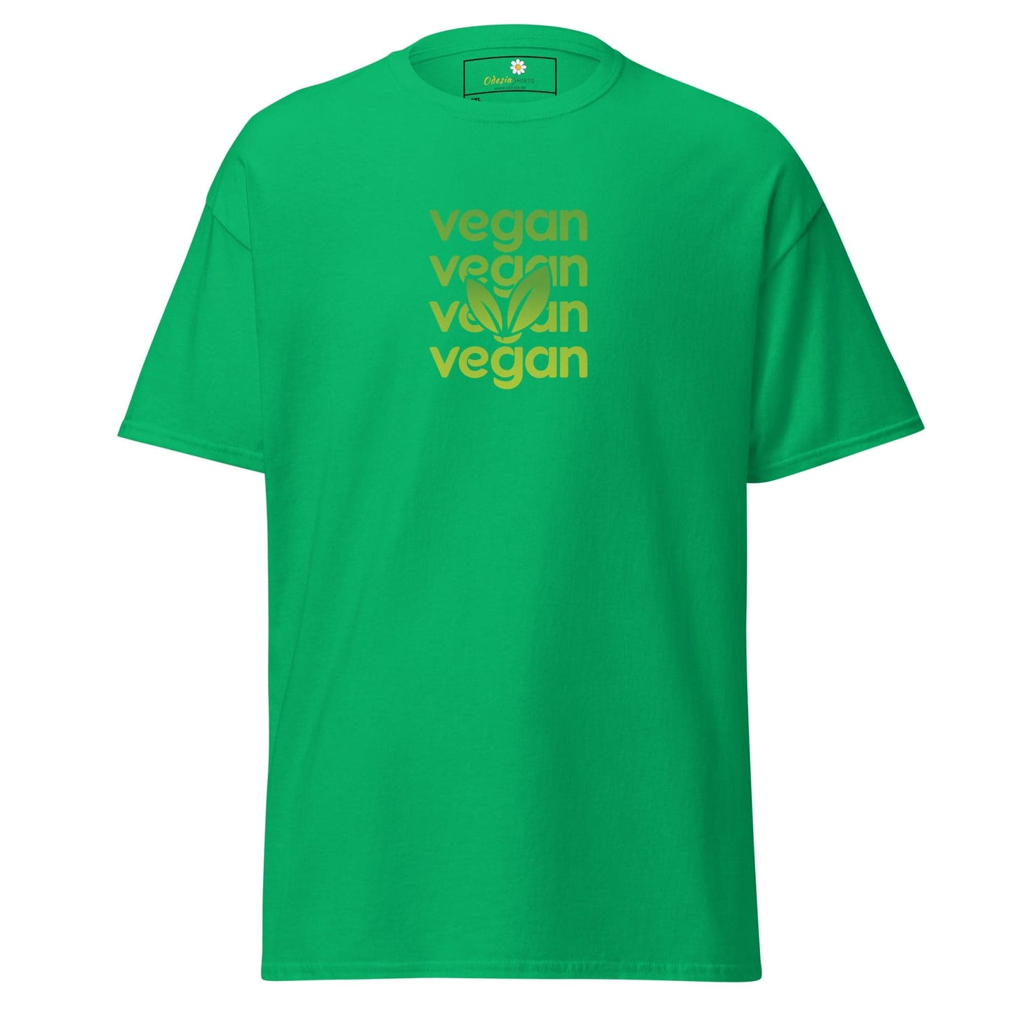 Green T-shirt with vegan text displayed on a men’s and women’s design in larger sizes