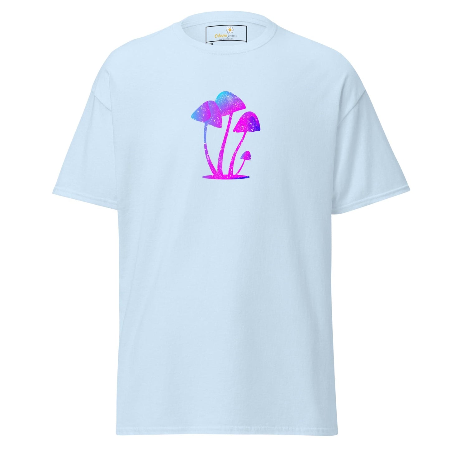 Light blue t-shirt with colorful mushroom design.