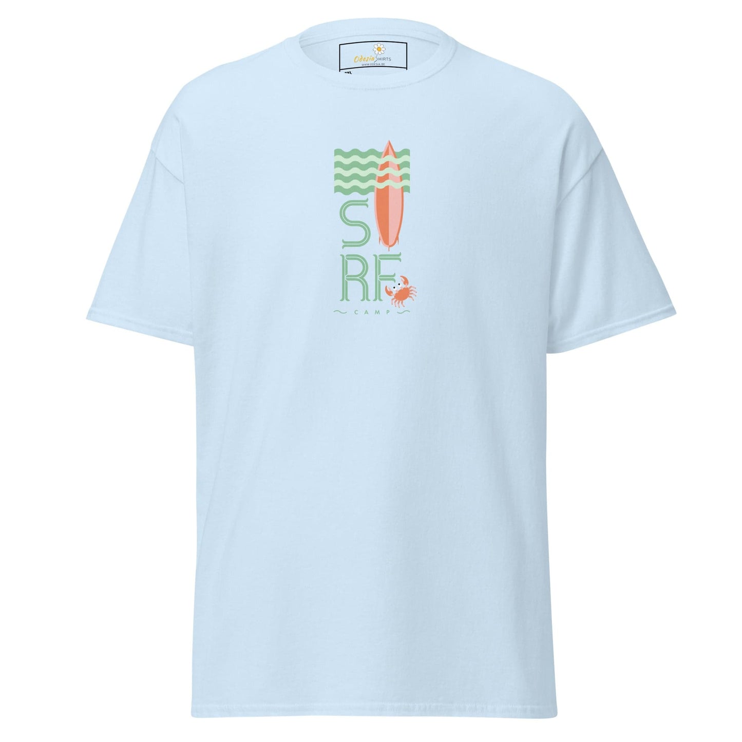 Light blue t-shirt.