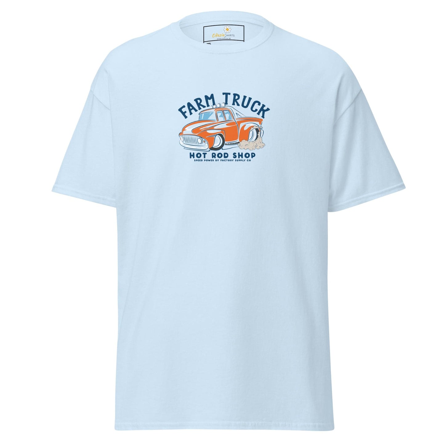 Light blue t-shirt.