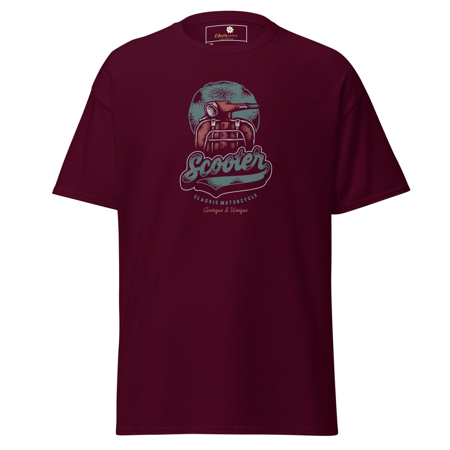 Maroon t-shirt with scooter graphic.