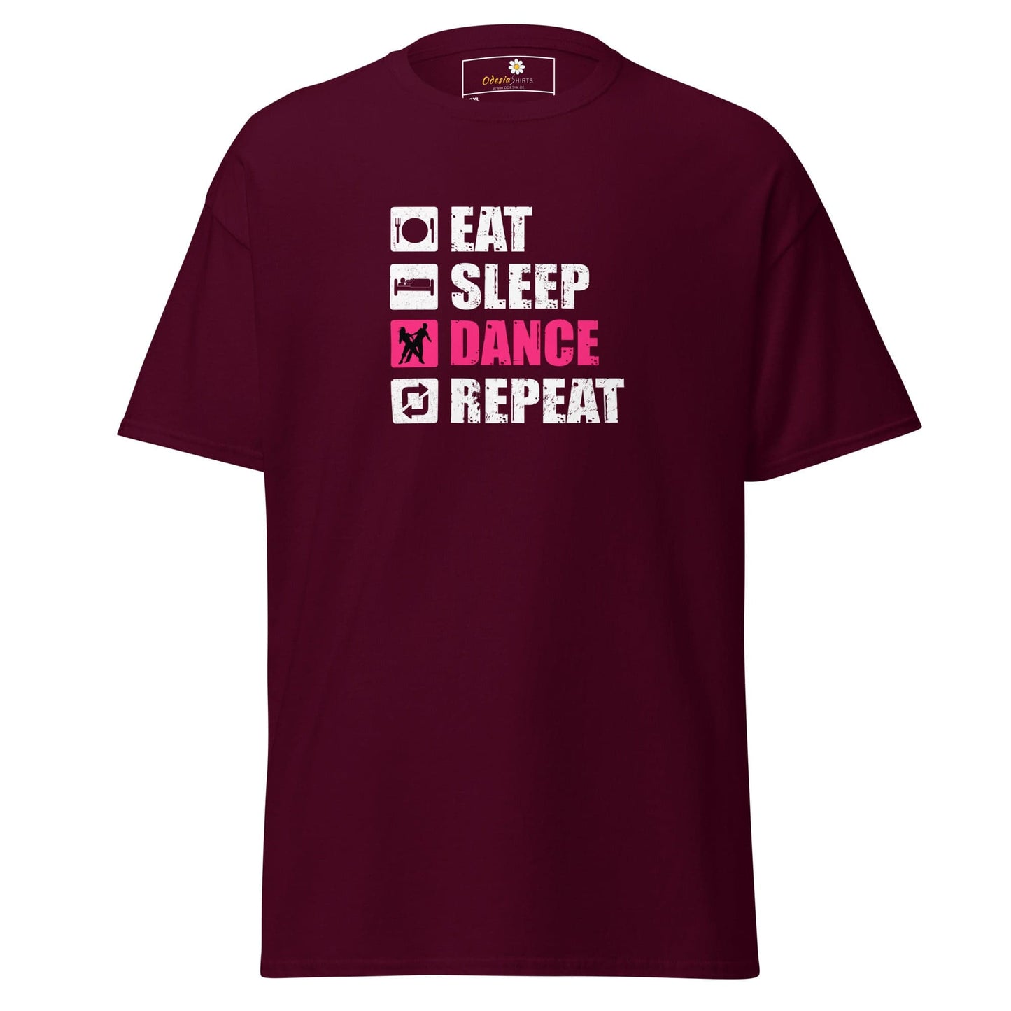 Maroon t-shirt with dance graphic.