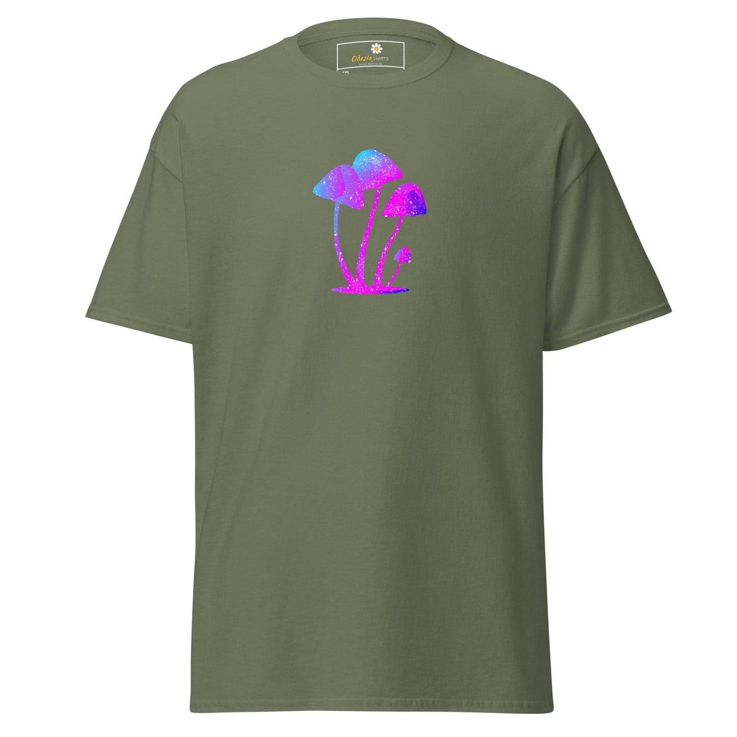 Olive green t-shirt with mushroom graphic.