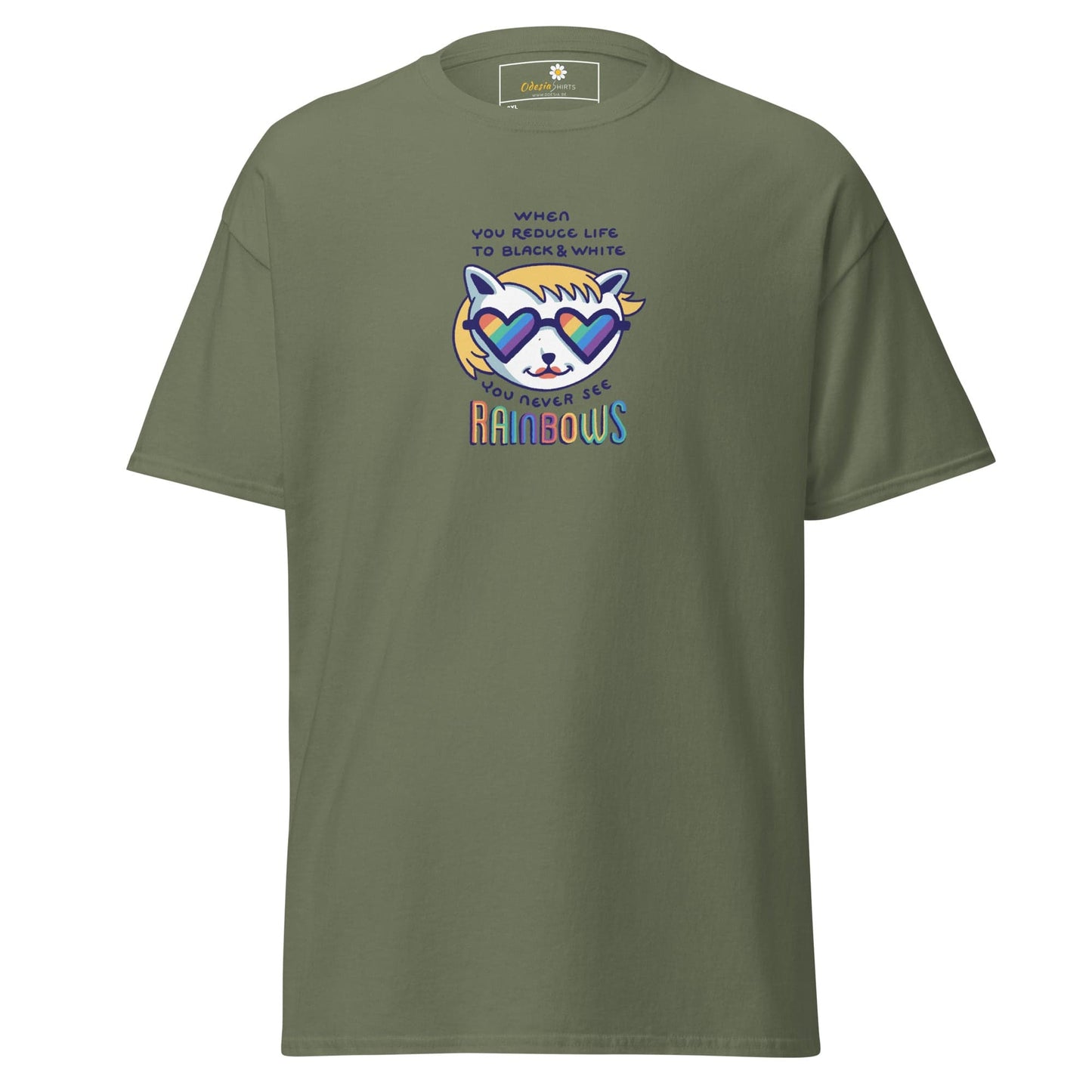 Olive green T-shirt featuring a cartoon cat with rainbow heart sunglasses for men and women