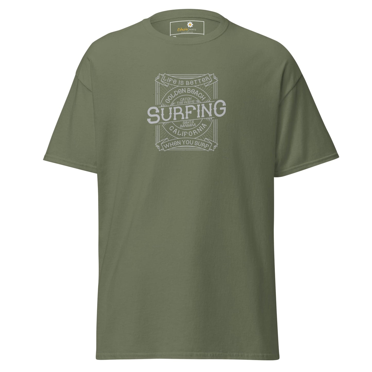 Olive green T-shirt with surfing graphic for men and women in 2XL to 5XL sizes