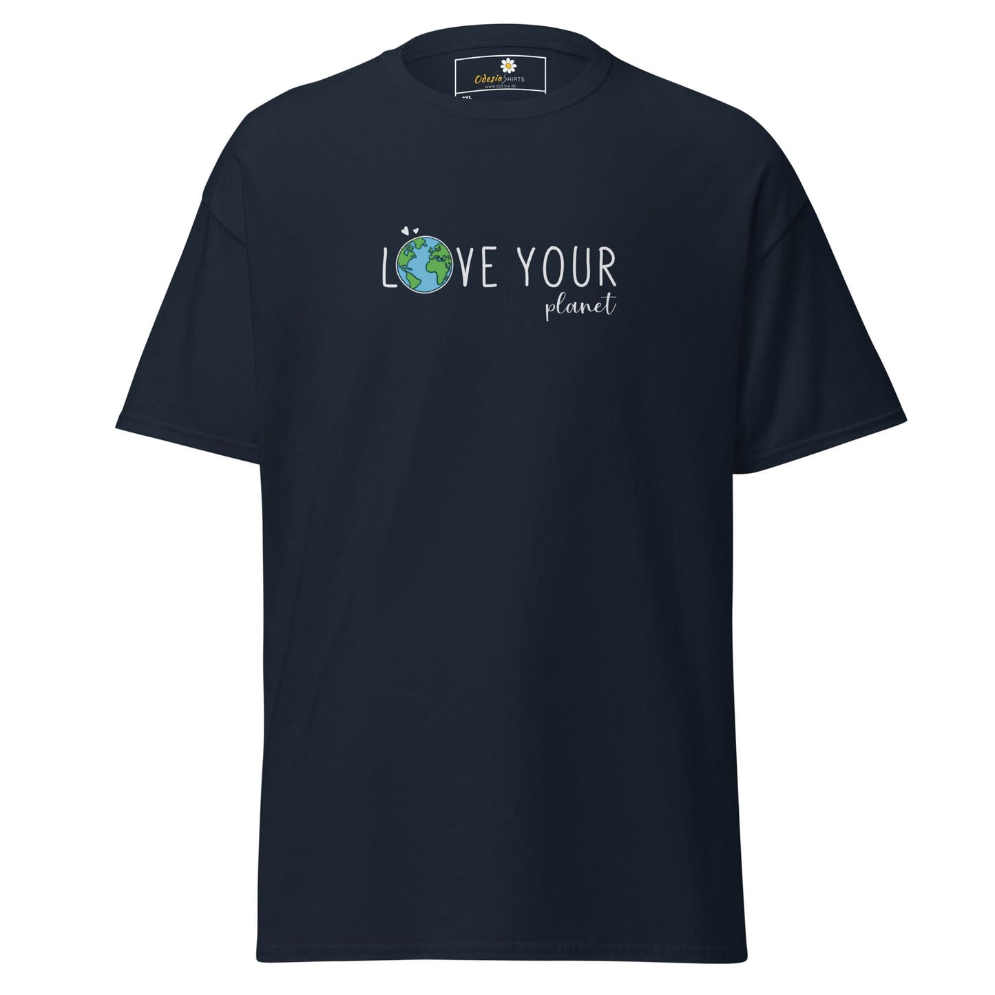 Navy blue t-shirt with ’Love Your Planet’ graphic.