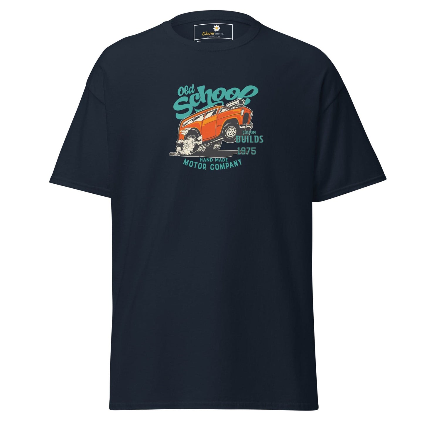 Navy blue graphic tee.
