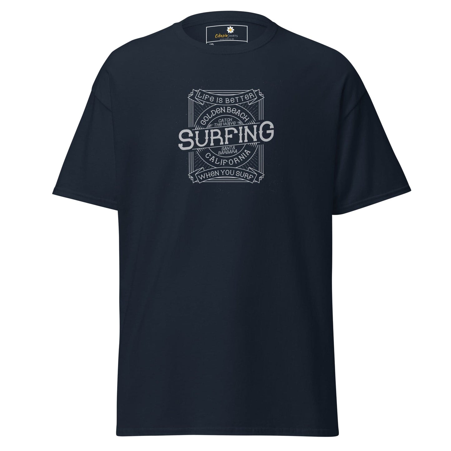 Navy blue t-shirt featuring a surfing graphic for men and women available in 2XL to 5XL sizes