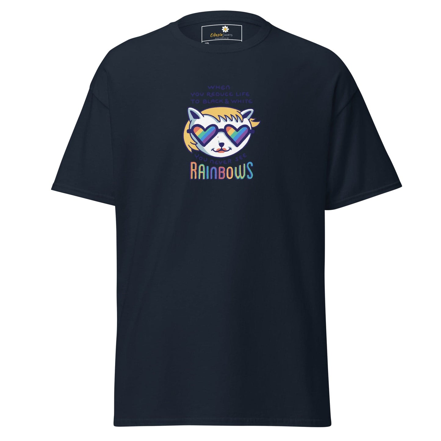 Navy T-shirt with rainbow cat graphic from T-SHIRT DESIGN TEE for Men and Women