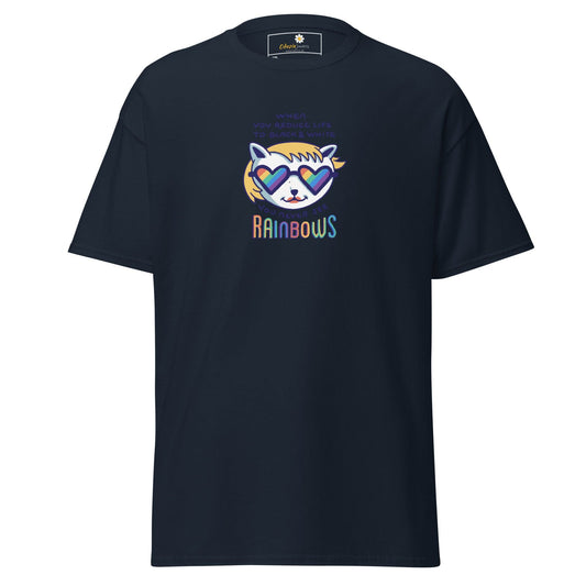 Navy T-shirt with rainbow cat graphic from T-SHIRT DESIGN TEE for Men and Women
