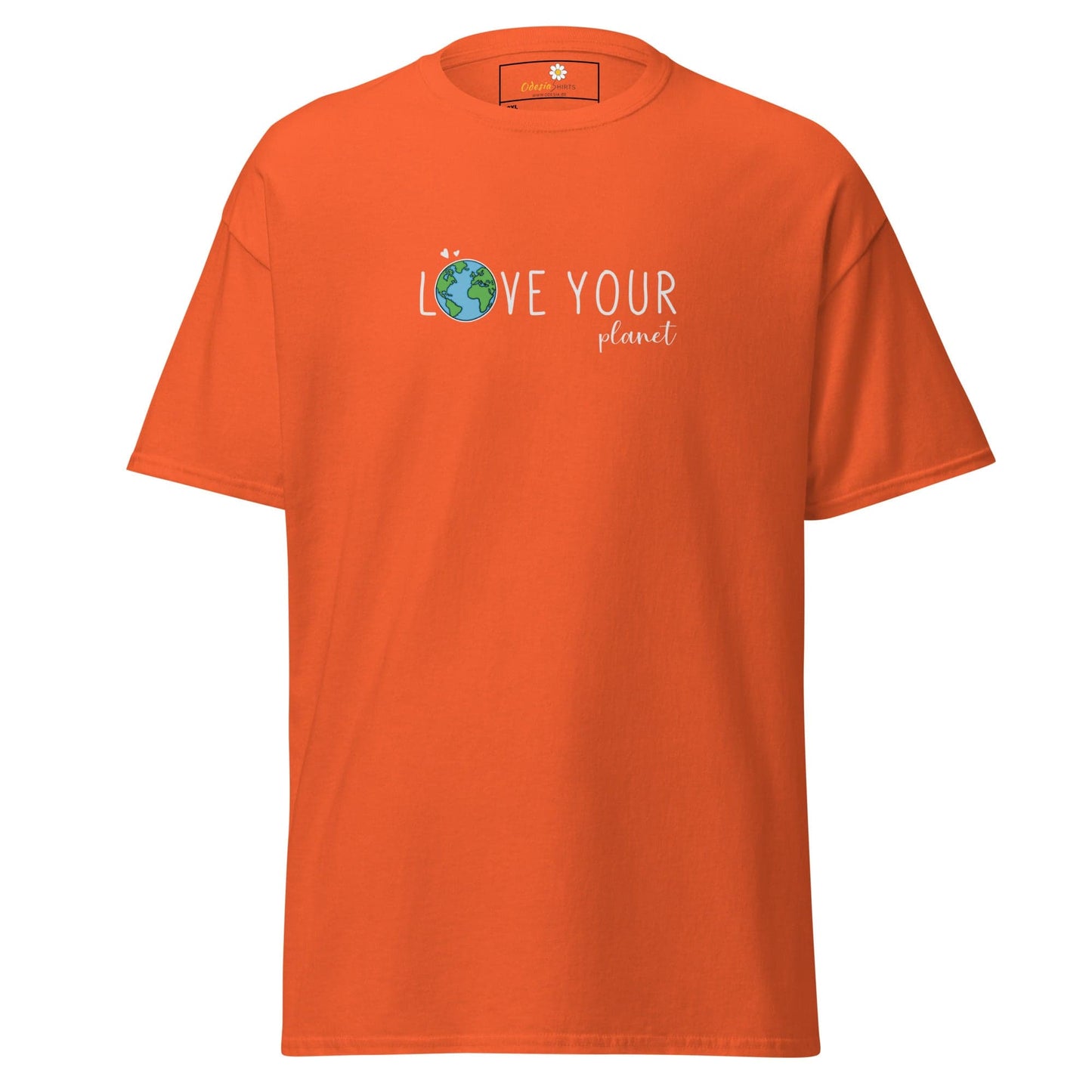 Orange t-shirt with ’Love Your Planet’ graphic.