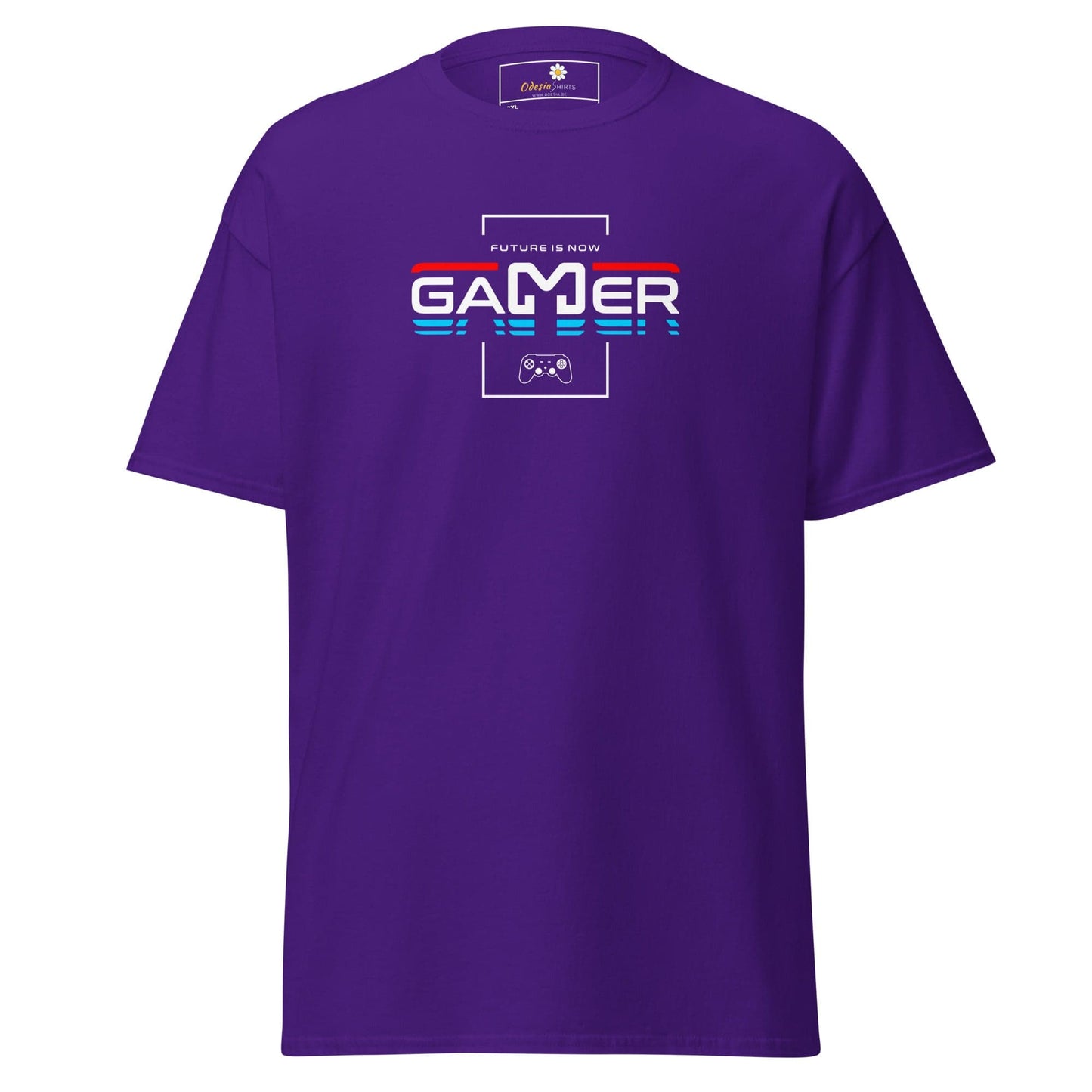 Purple t-shirt with ’Gamer’ graphic.
