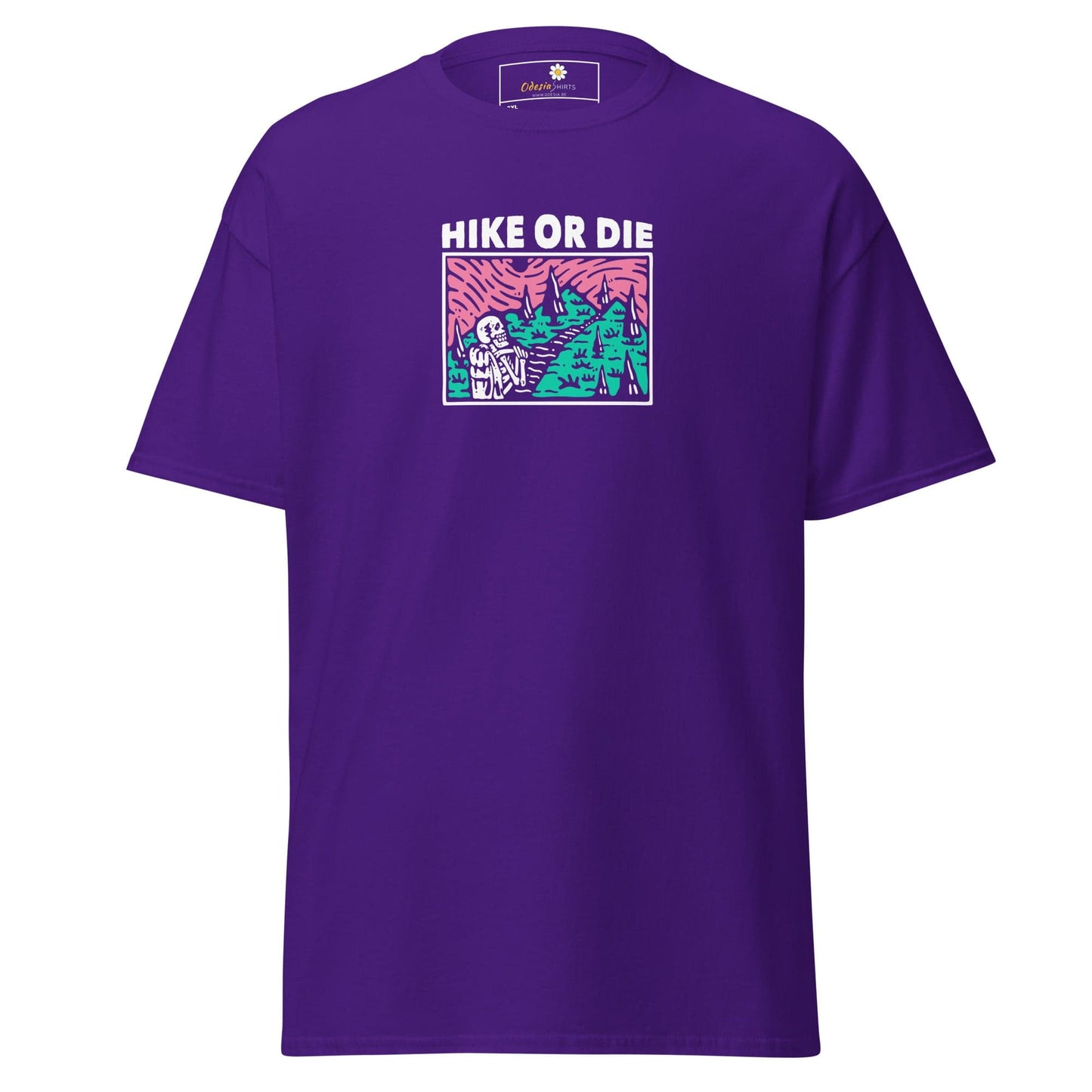 Purple t-shirt with ’Hike or Die’ graphic.