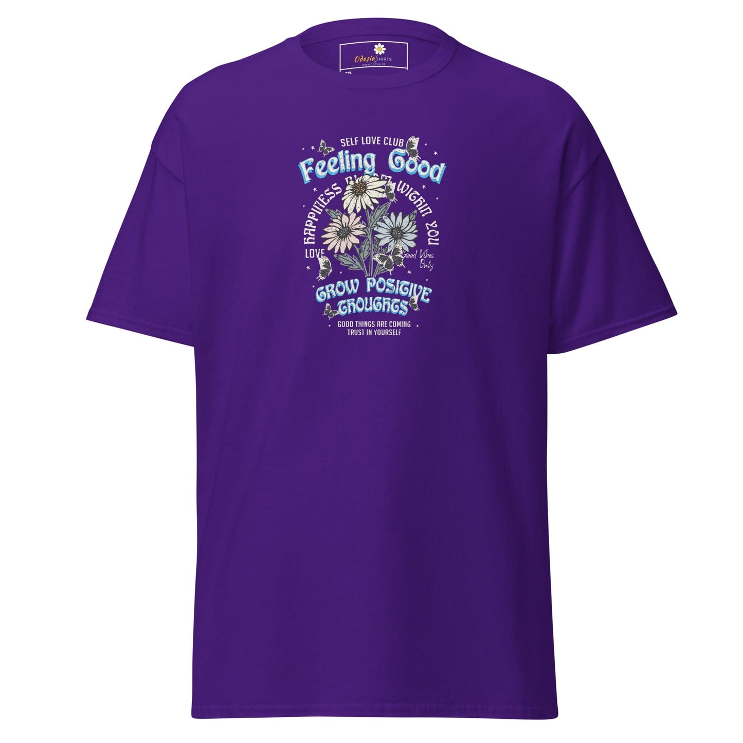 Purple t-shirt with floral graphic.