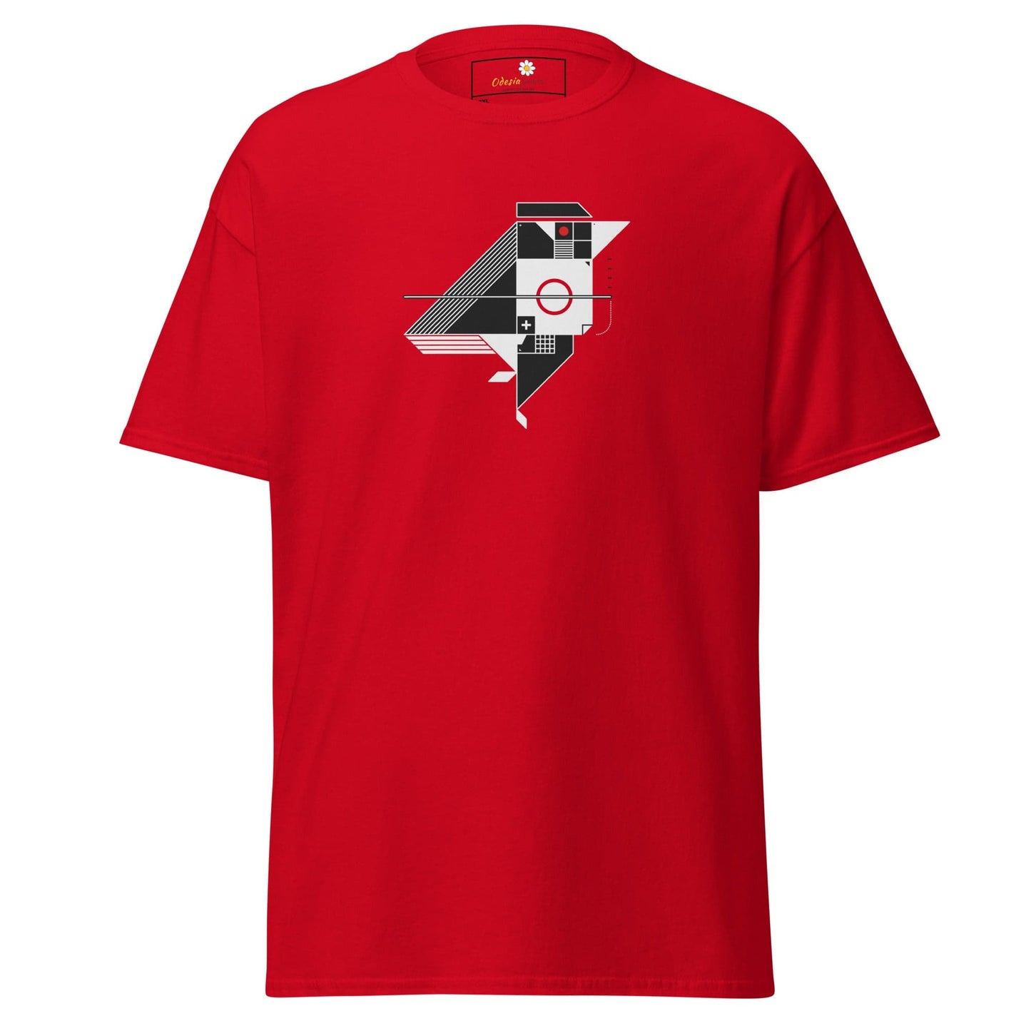 Red t-shirt with geometric bird design.