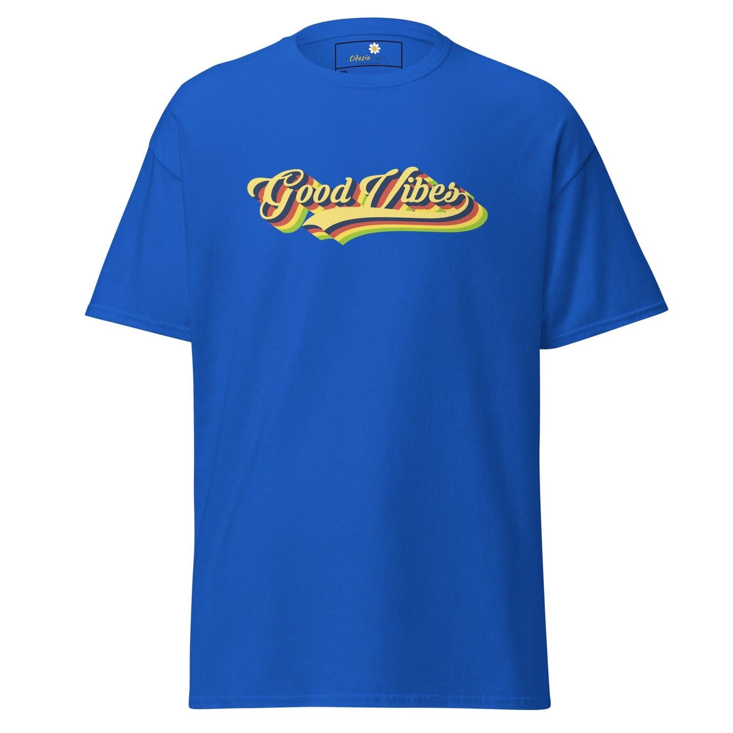 Blue t-shirt with ’Good Vibes’ graphic.