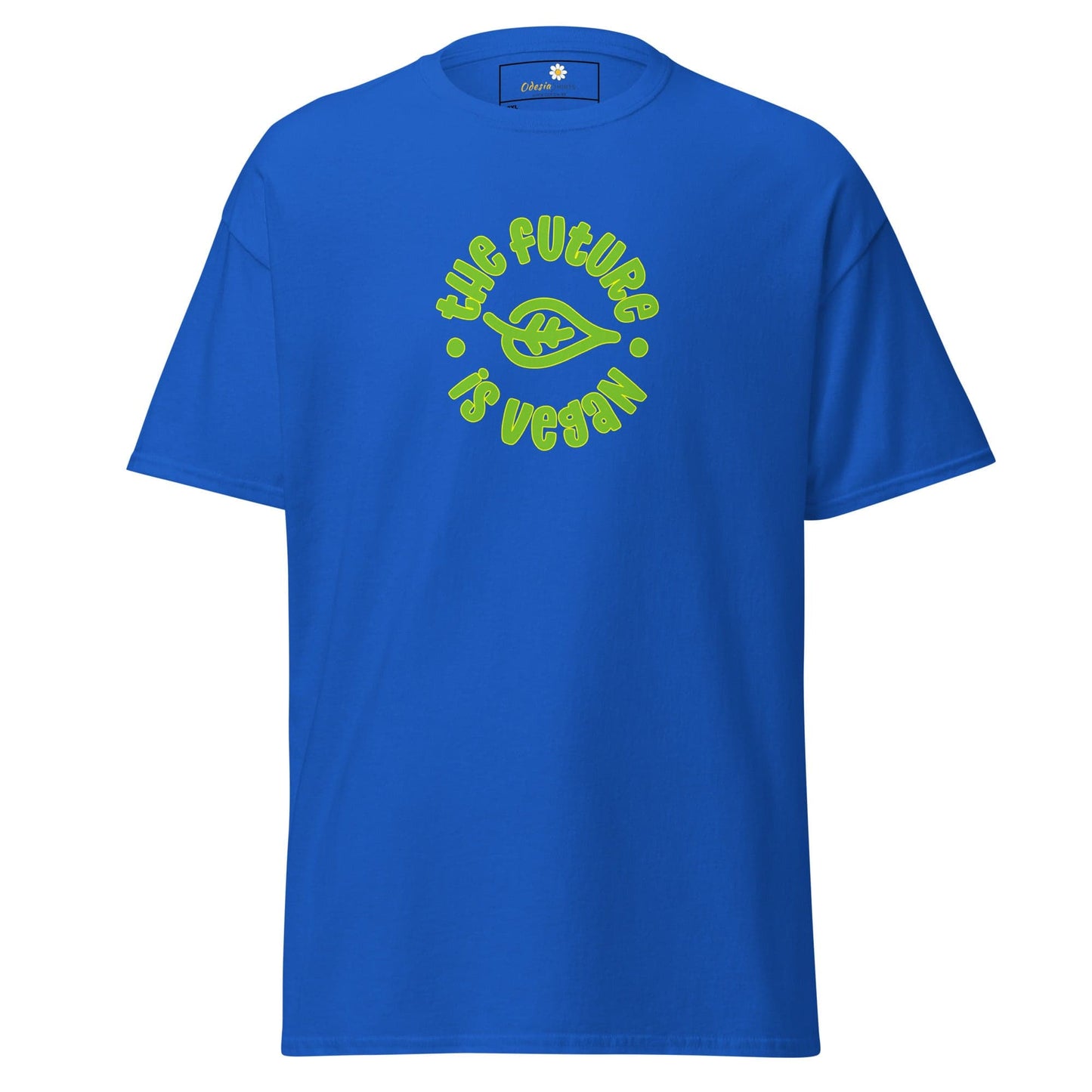 Blue t-shirt with vegan message.