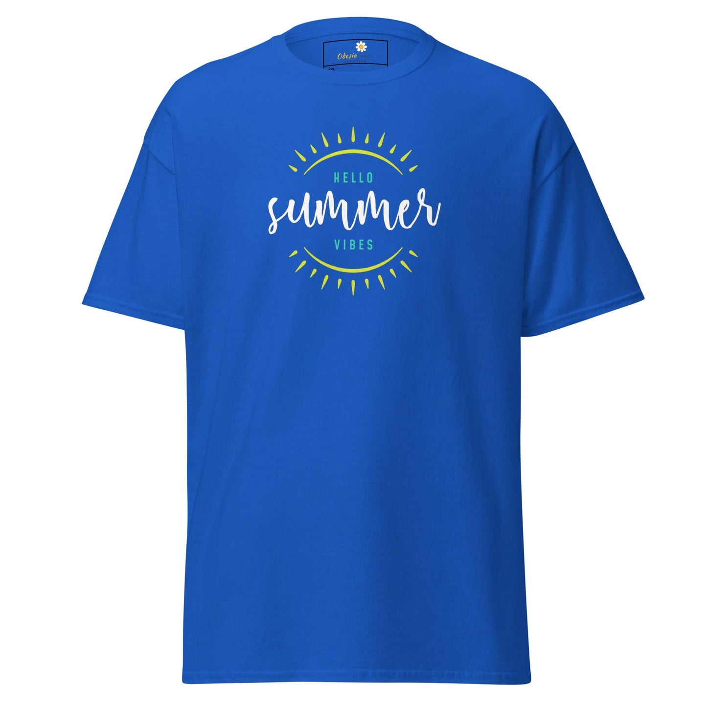 Blue t-shirt with summer graphic.