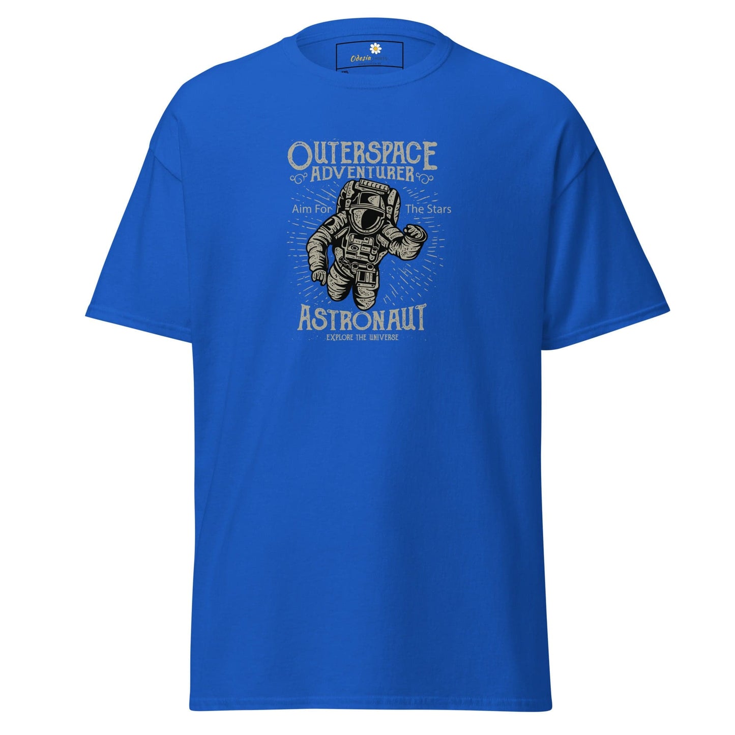 Blue t-shirt with astronaut graphic.