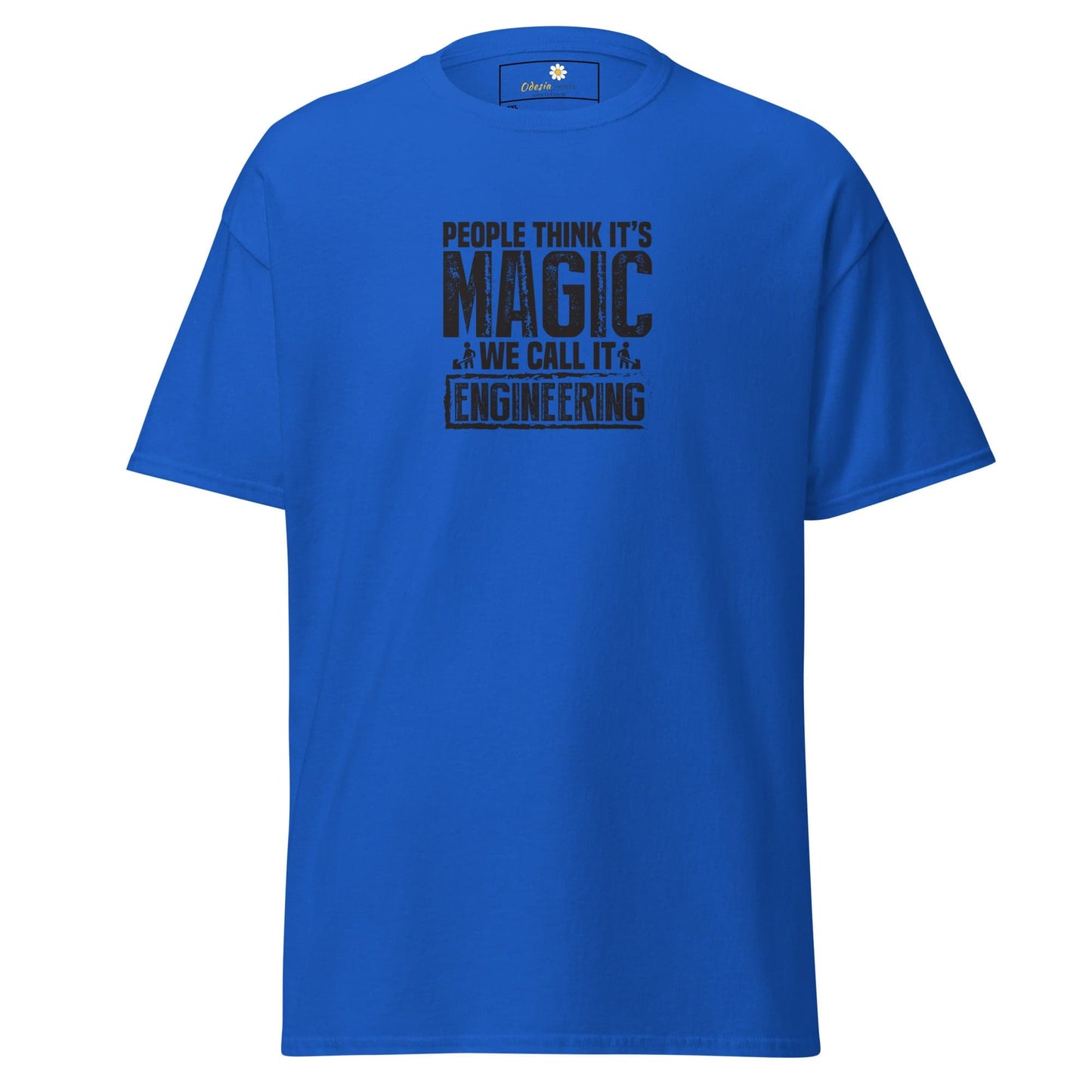 Blue t-shirt with engineering slogan.