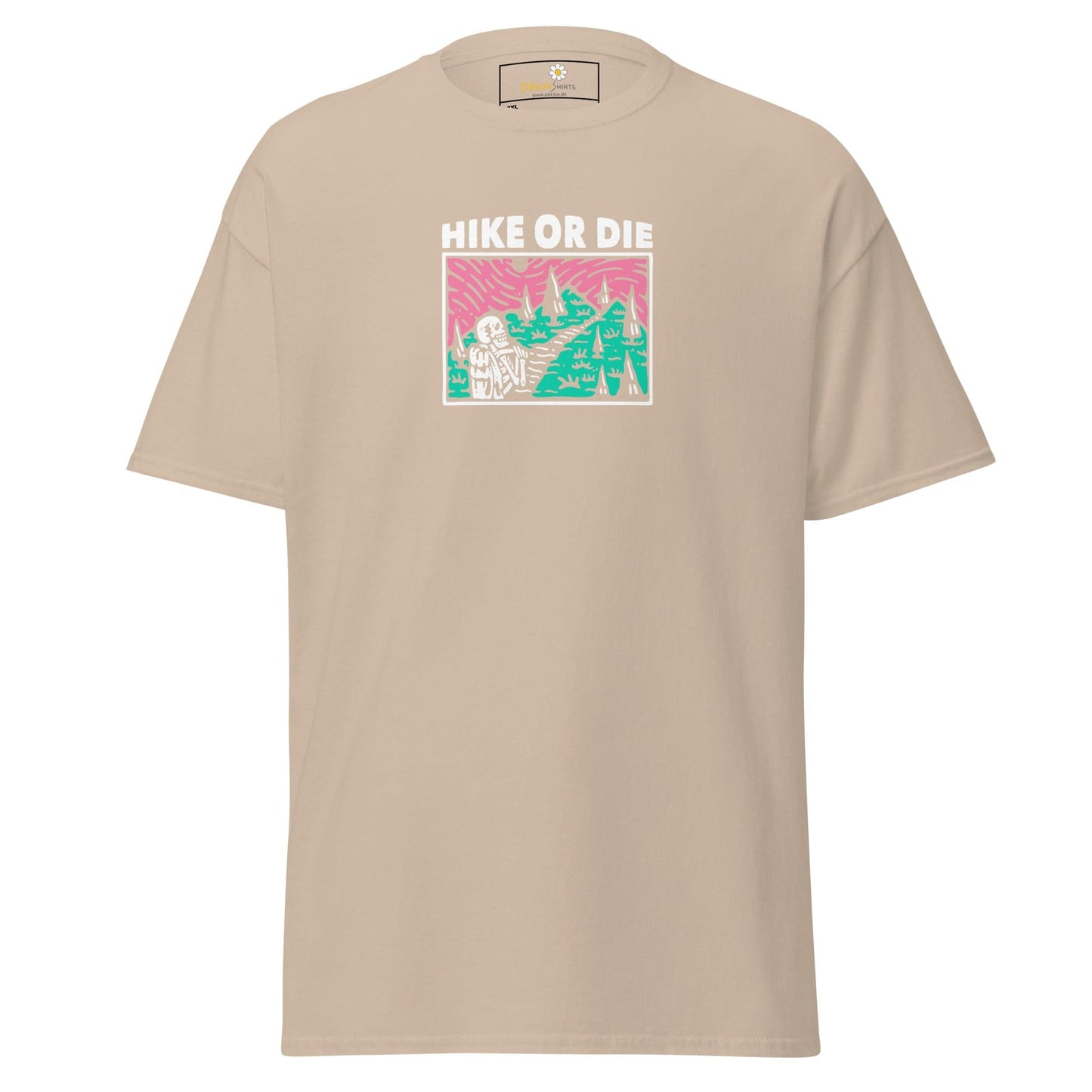 Beige t-shirt with ’Hike or Die’ graphic.