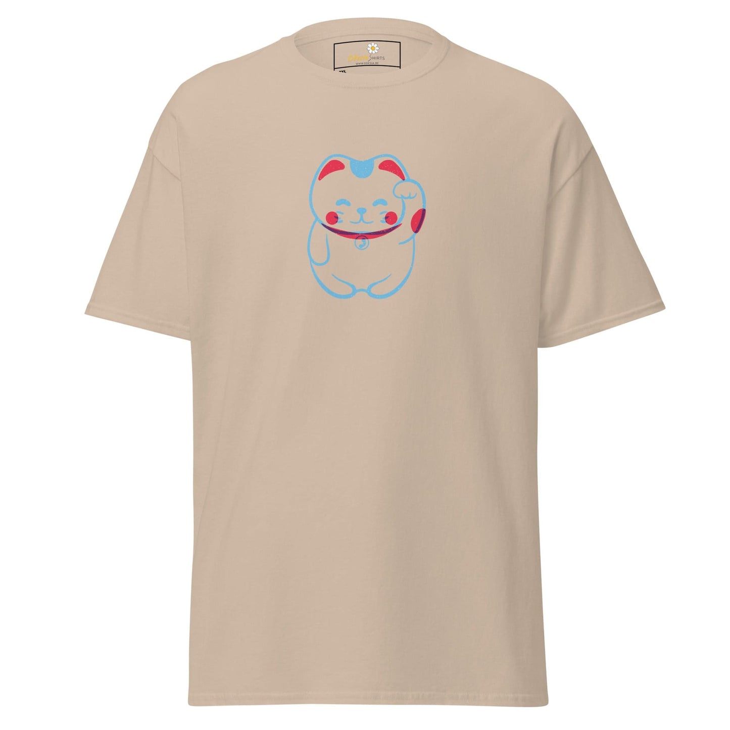 Beige T-shirt with cartoon cat design for men and women in sizes 2XL to 5XL
