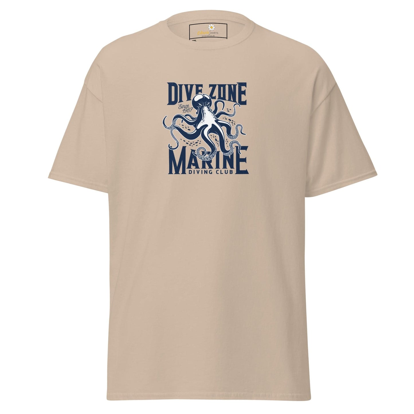 Beige t-shirt with octopus design.