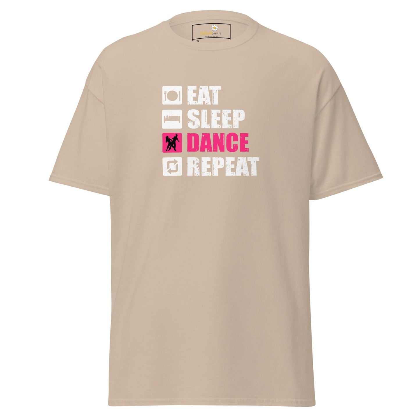Beige t-shirt with dance graphic.