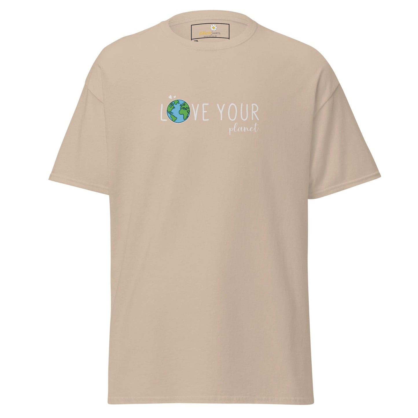 Beige t-shirt with ’Love Your Planet’ graphic.