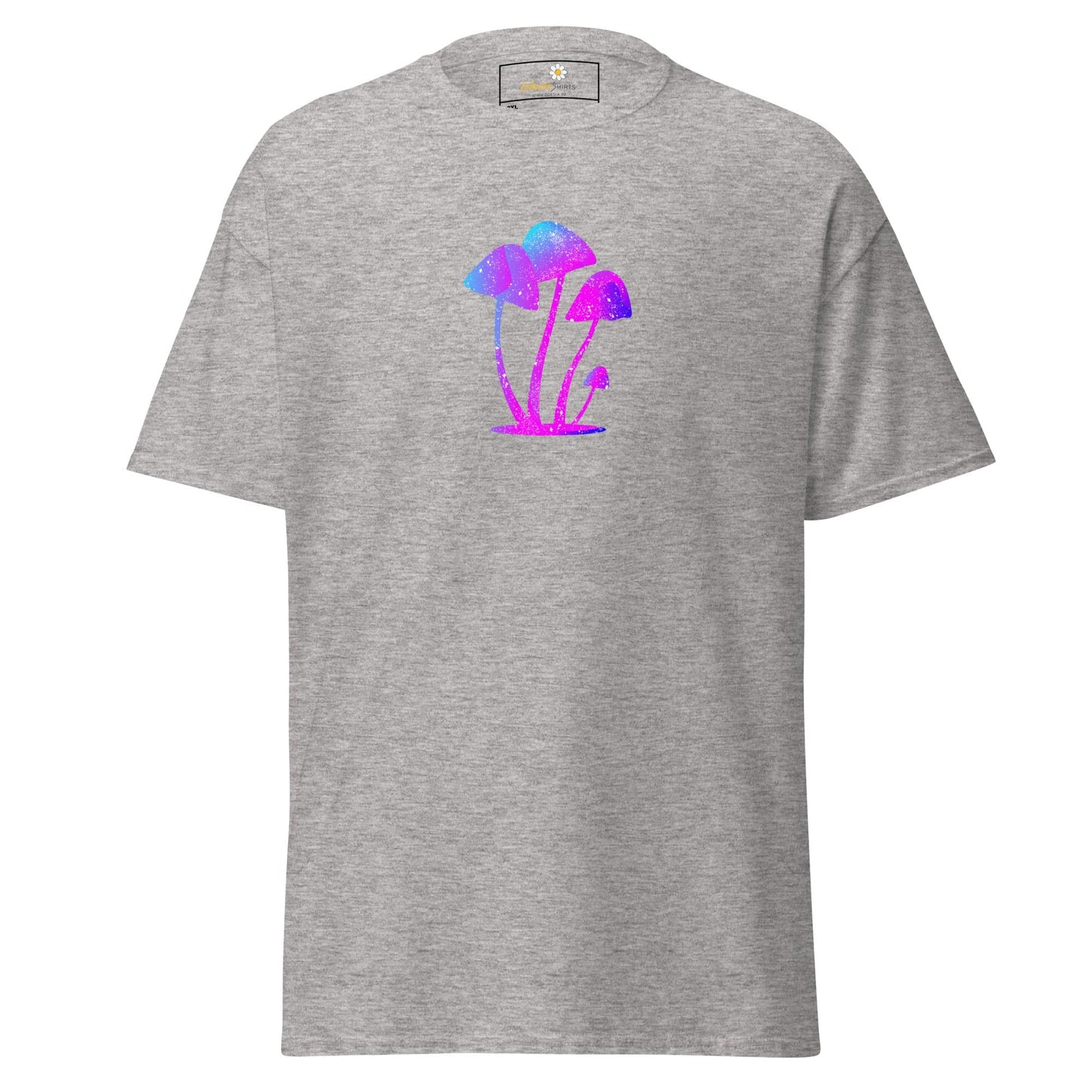 Gray t-shirt with mushroom design.