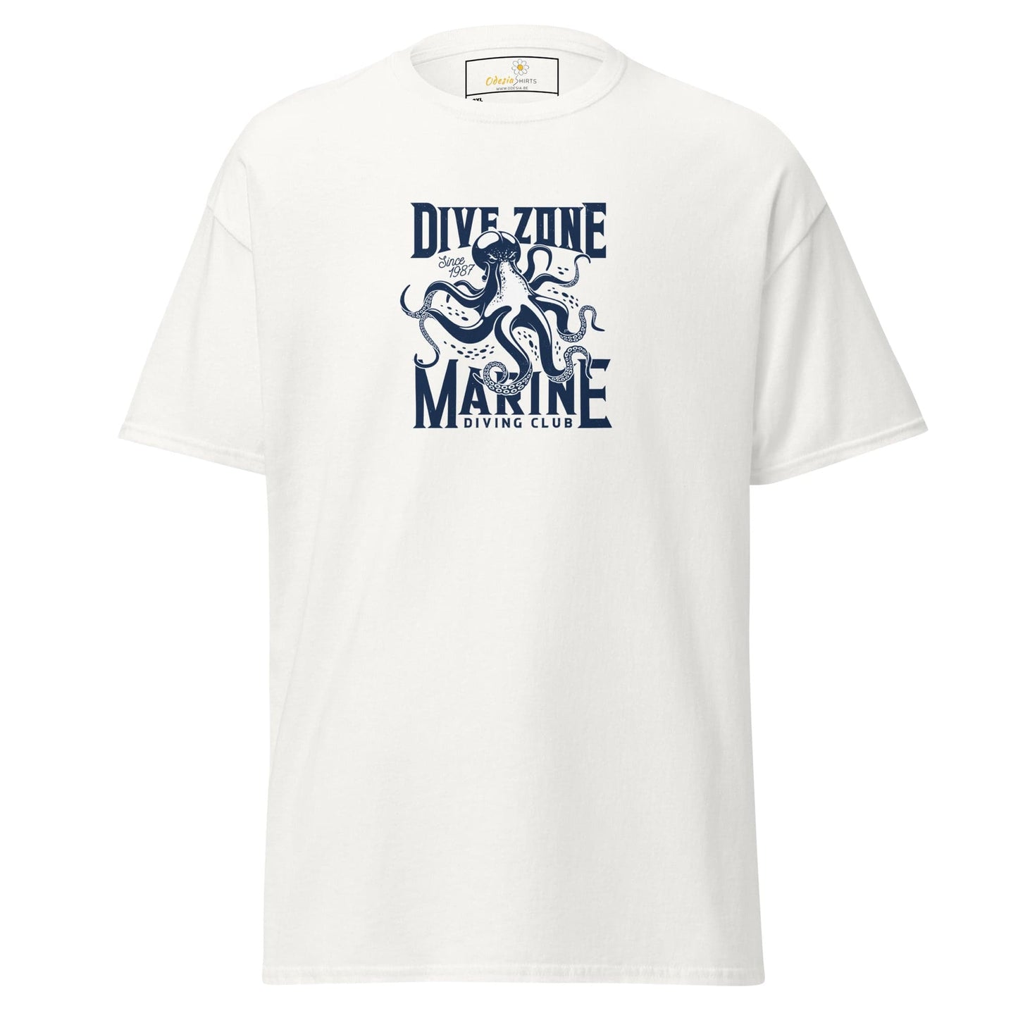 White t-shirt with octopus graphic.