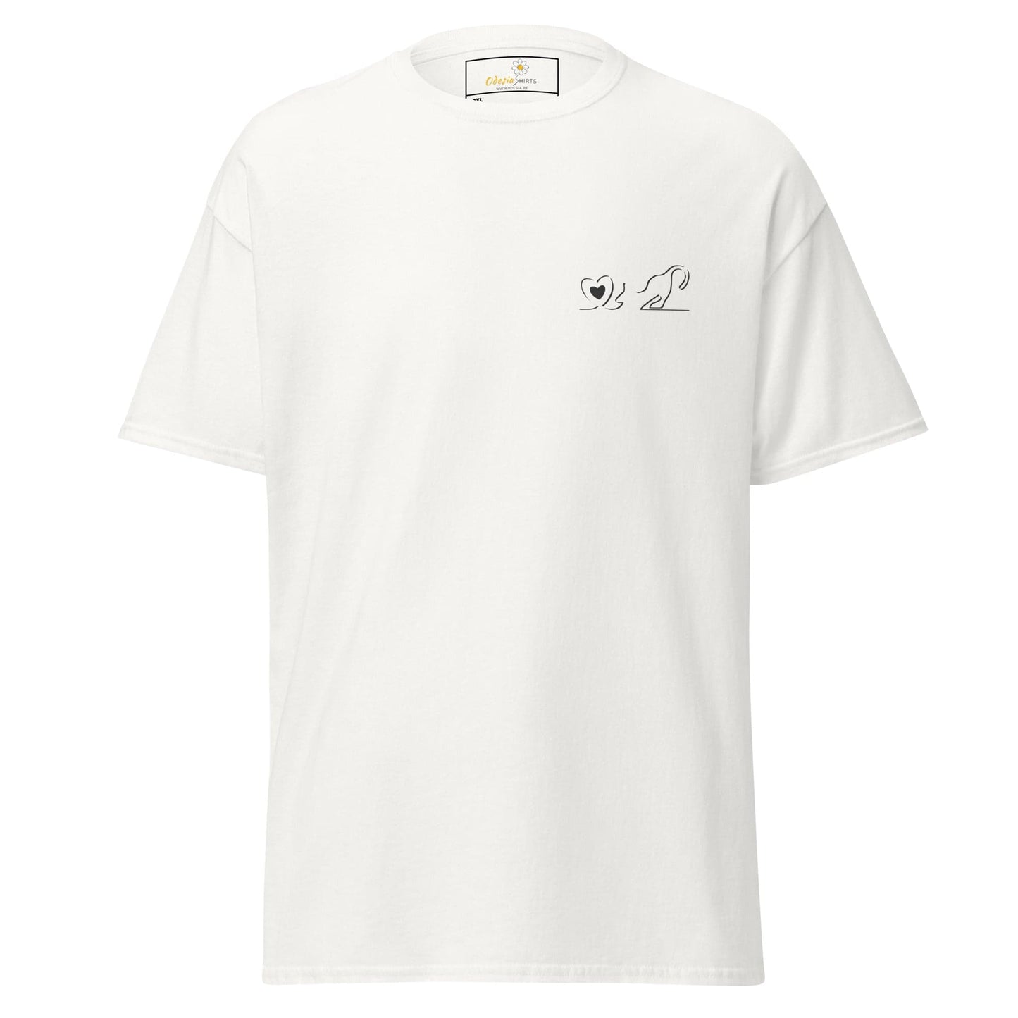 White T-shirt with dog and heart graphic for men and women in sizes 2XL to 5XL